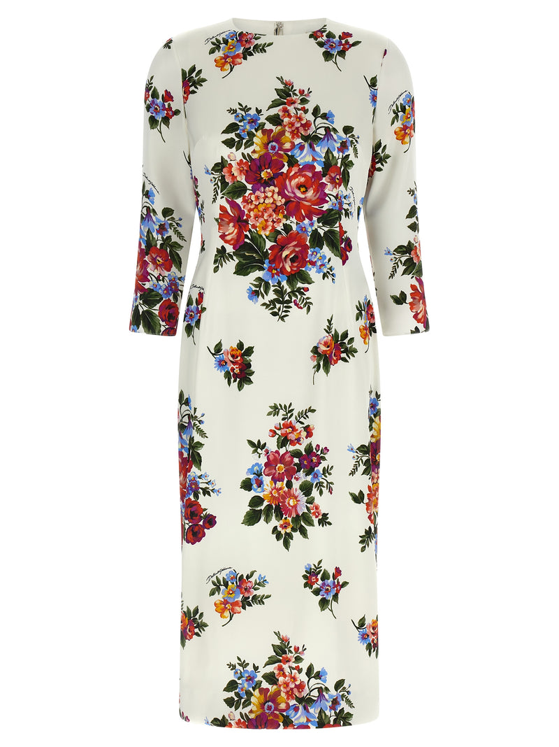 Dolce & Gabbana White Viscose Midi Dress - Mazzo di Fiori Print