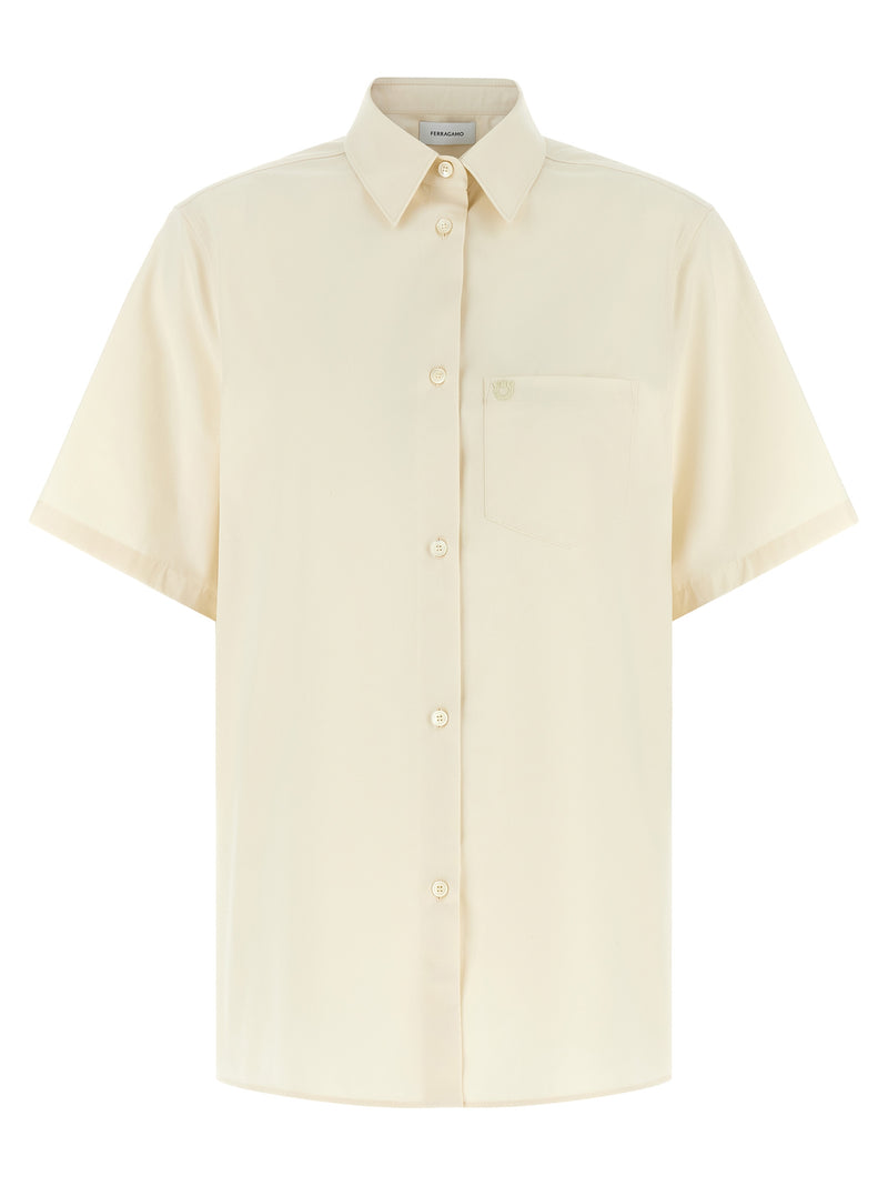 Ferragamo Beige Cotton Blouse with Gancini Embroidery