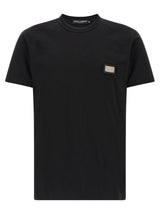 Dolce & Gabbana Black Cotton T-Shirt with Leather Patch