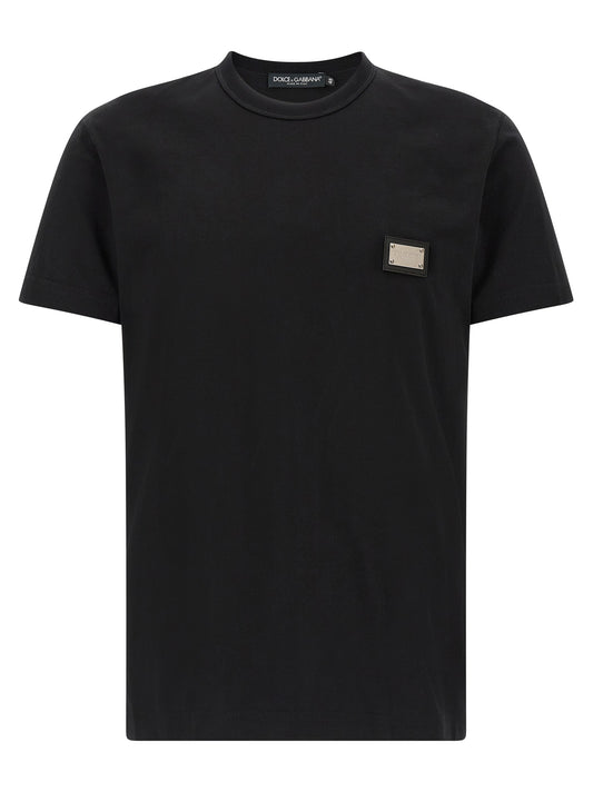 Dolce & Gabbana Black Cotton T-Shirt with Leather Patch