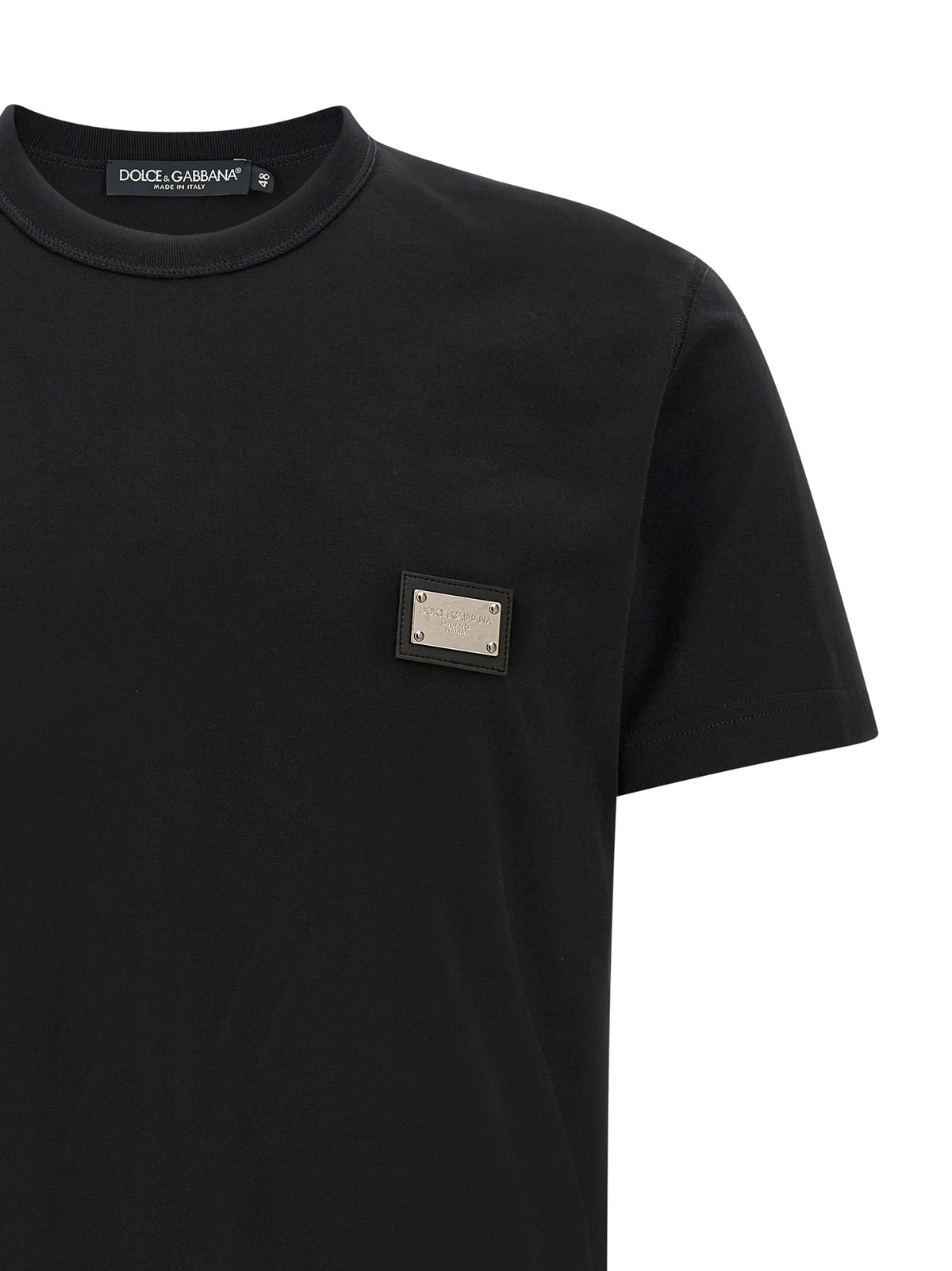 Dolce & Gabbana Black Cotton T-Shirt with Leather Patch
