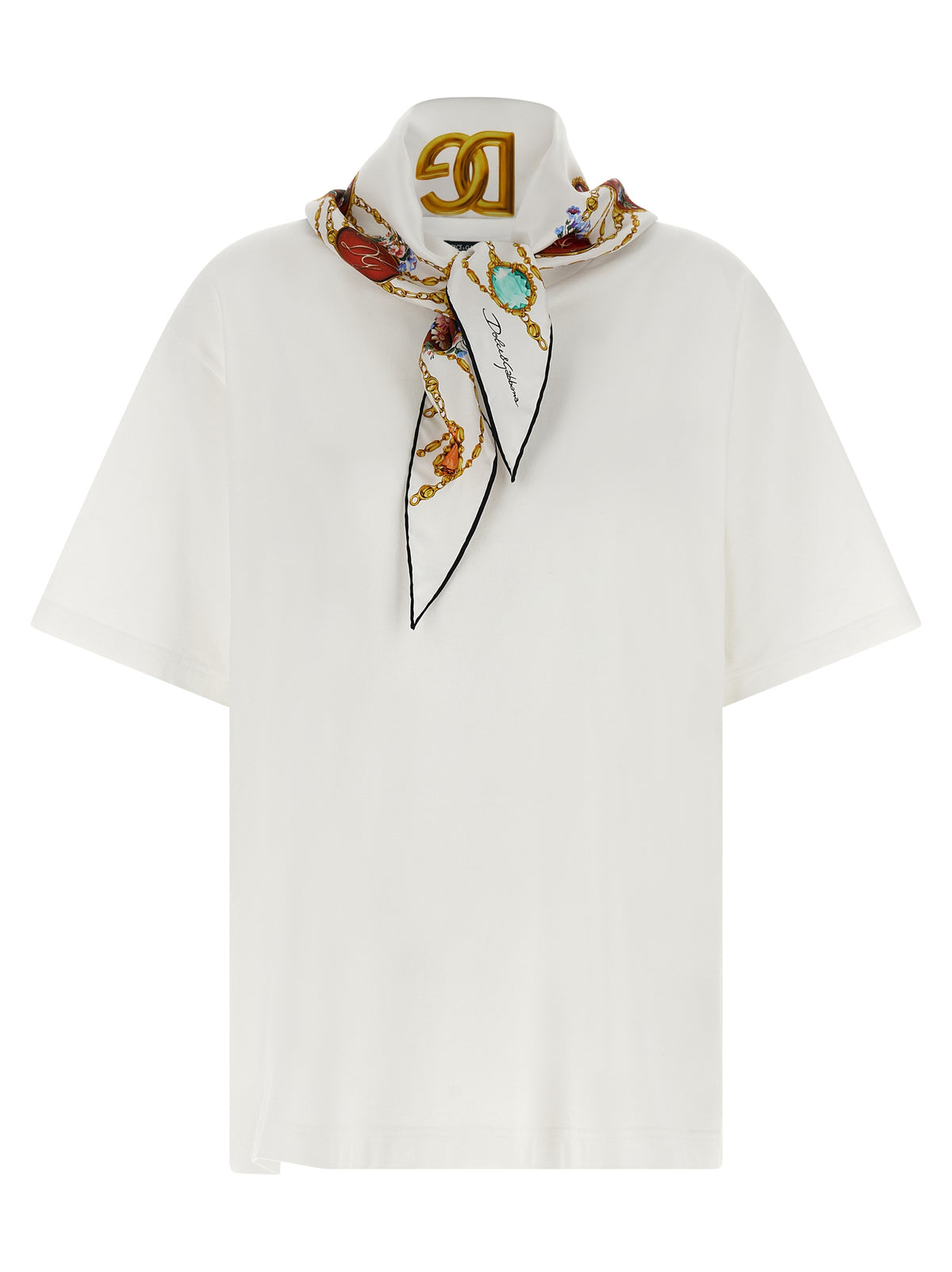 Dolce & Gabbana White Cotton T-Shirt with Silk Scarf