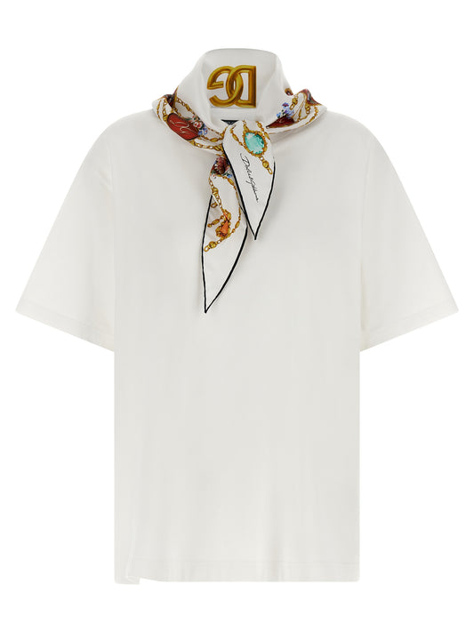 Dolce & Gabbana White Cotton T-Shirt with Silk Scarf