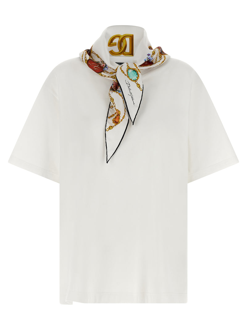Dolce & Gabbana White Cotton T-Shirt with Silk Scarf