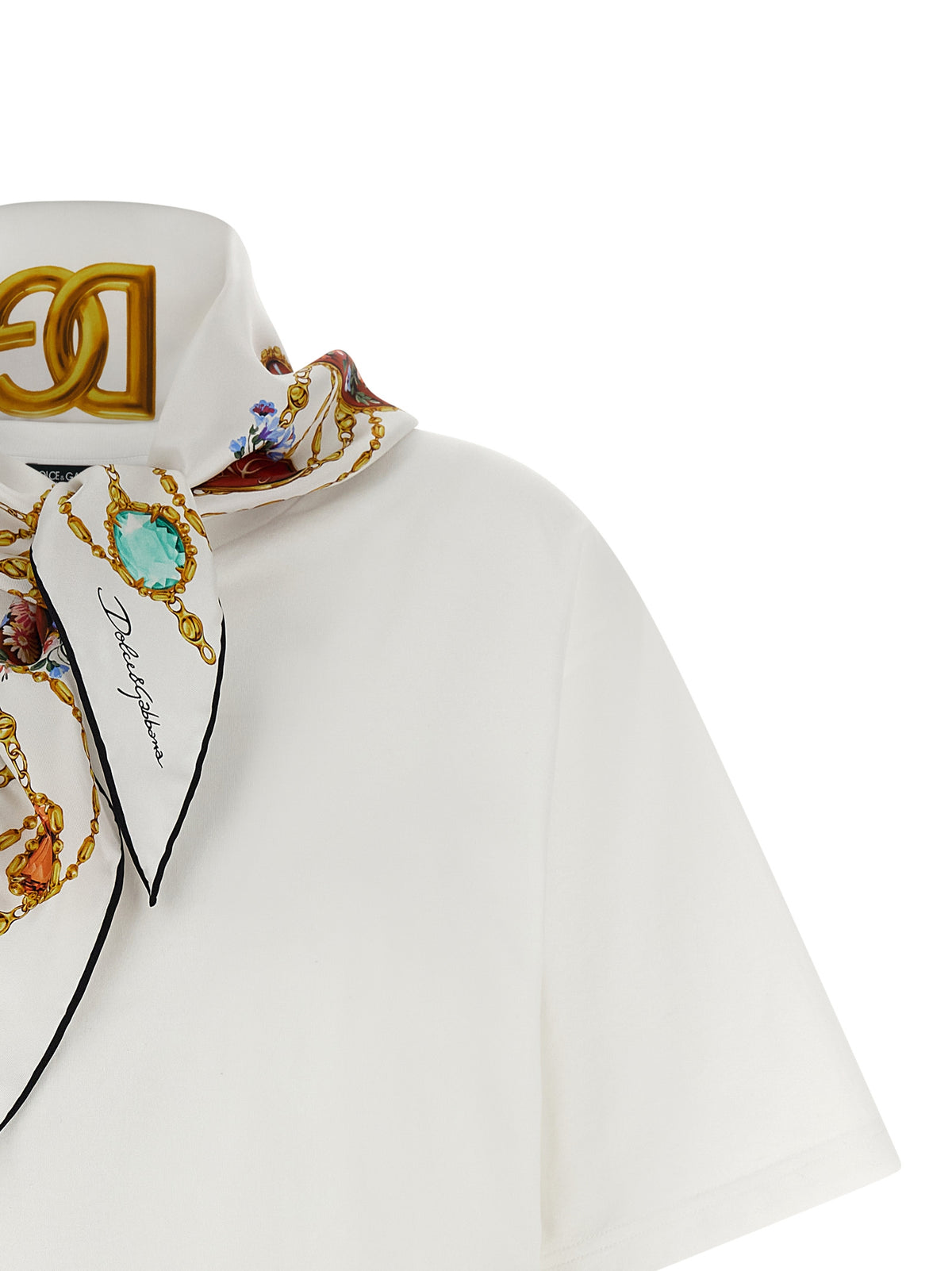 Dolce & Gabbana White Cotton T-Shirt with Silk Scarf