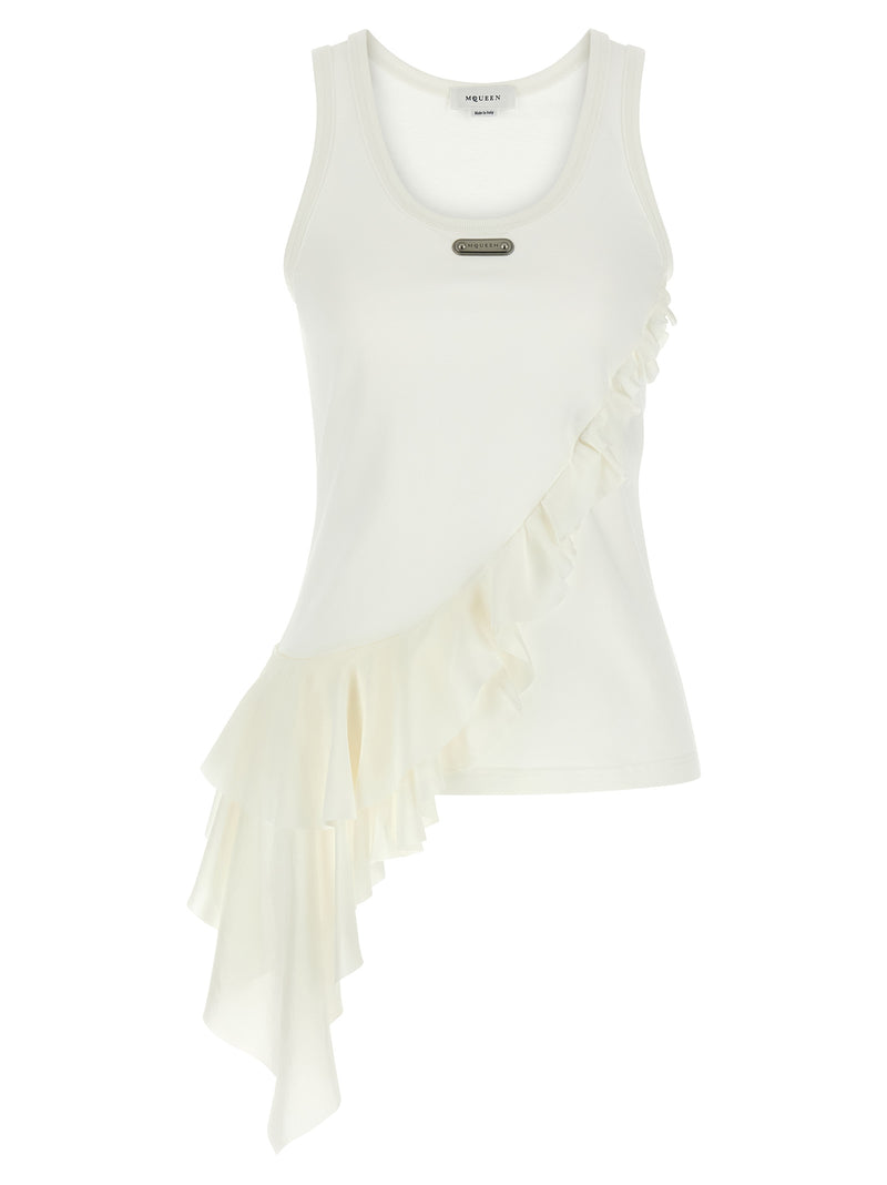 Alexander McQueen White Cotton Tank Top with Silk Ruffles