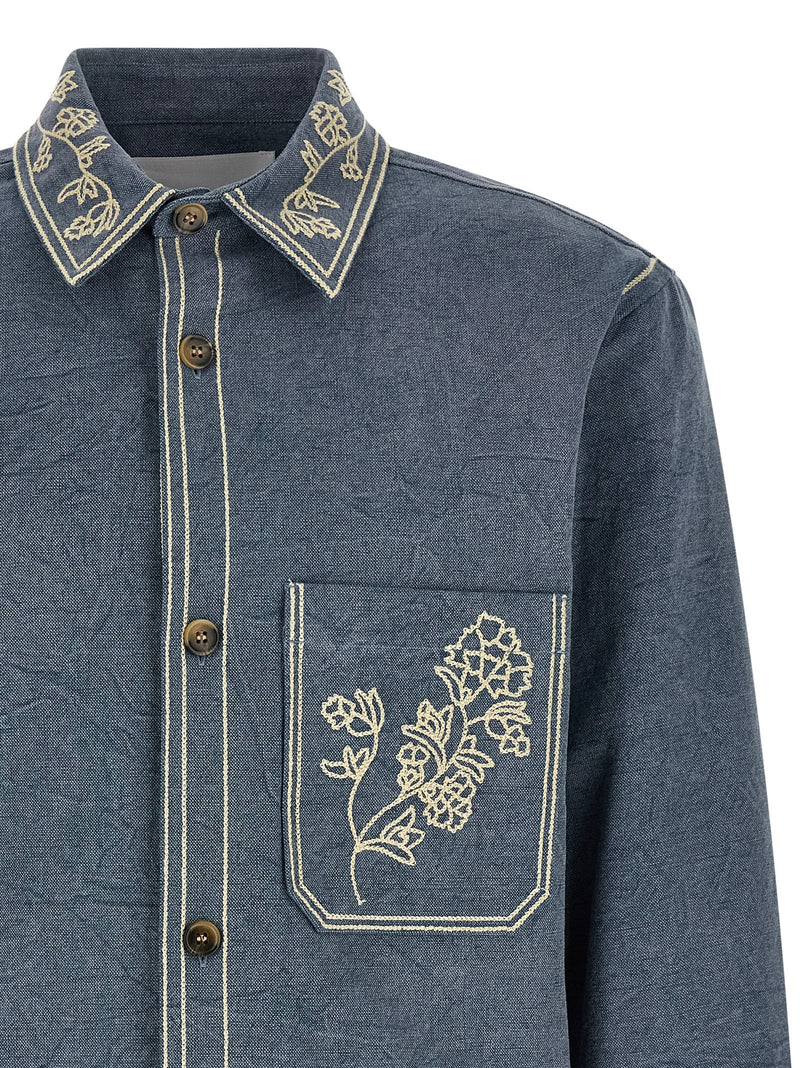 Isabel Marant Rudy Blue Cotton Blouse with Floral Embroidery