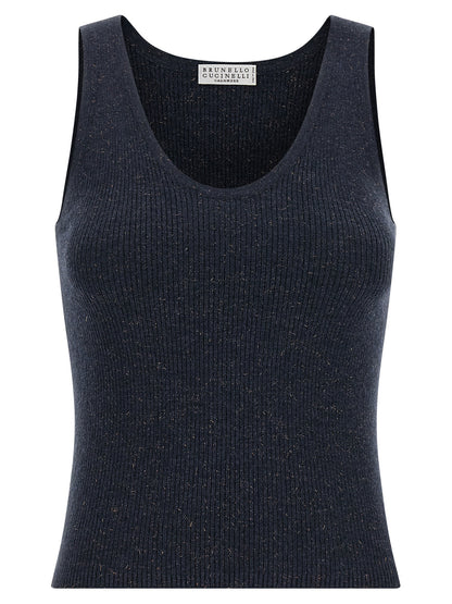 T-shirt sans manches en cachemire bleu Brunello Cucinelli