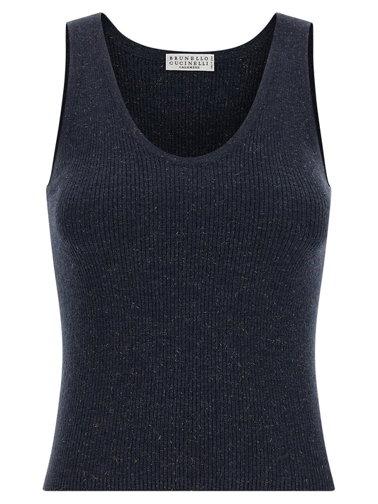 T-shirt sans manches en cachemire bleu Brunello Cucinelli