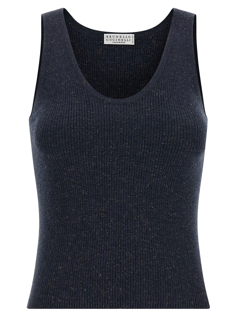 T-shirt sans manches en cachemire bleu Brunello Cucinelli