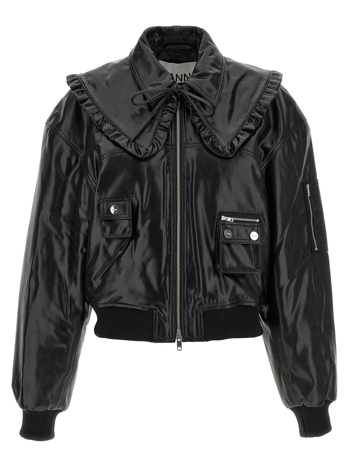 Ganni Black Leather Bomber Jacket - Model 7093 Future