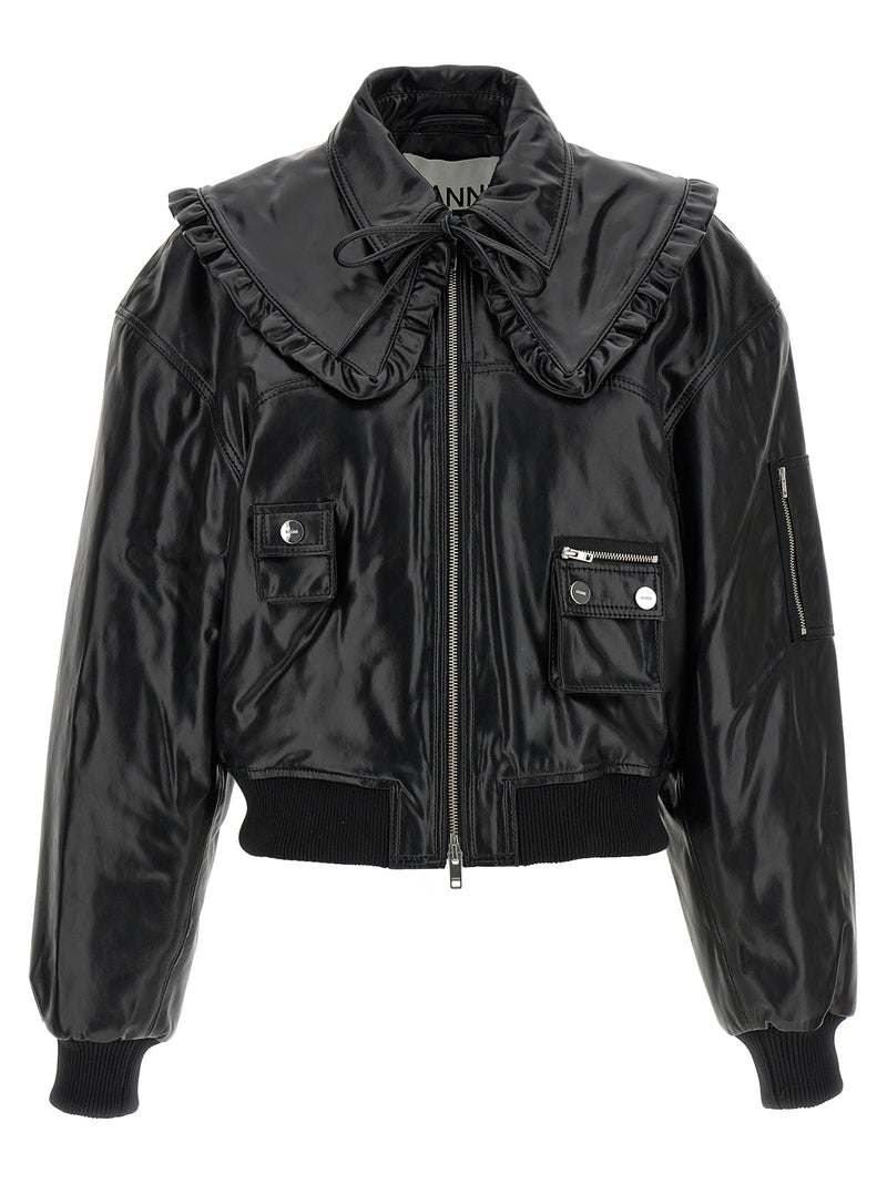 Ganni Black Leather Bomber Jacket - Model 7093 Future