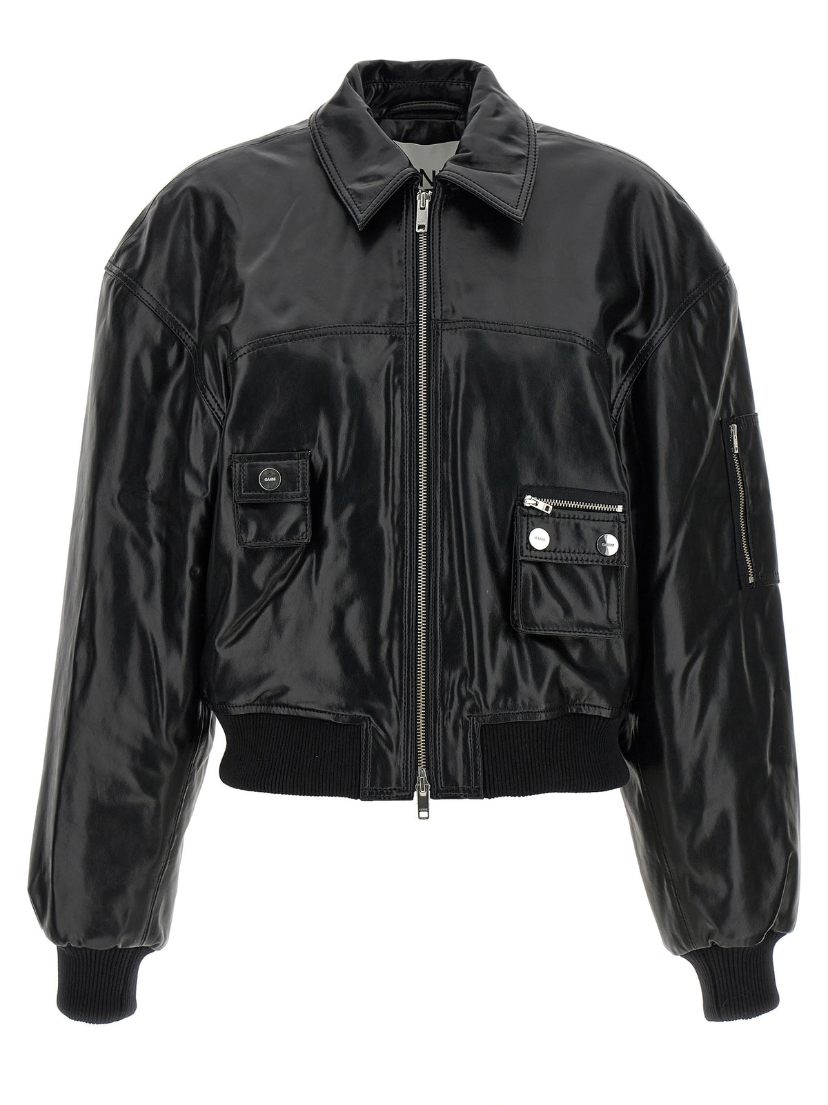 Ganni Black Leather Bomber Jacket - Model 7093 Future