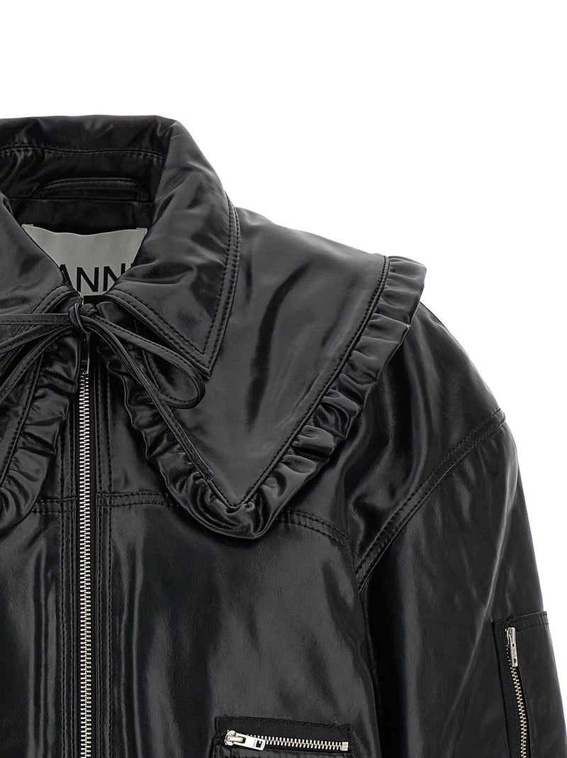 Ganni Black Leather Bomber Jacket - Model 7093 Future