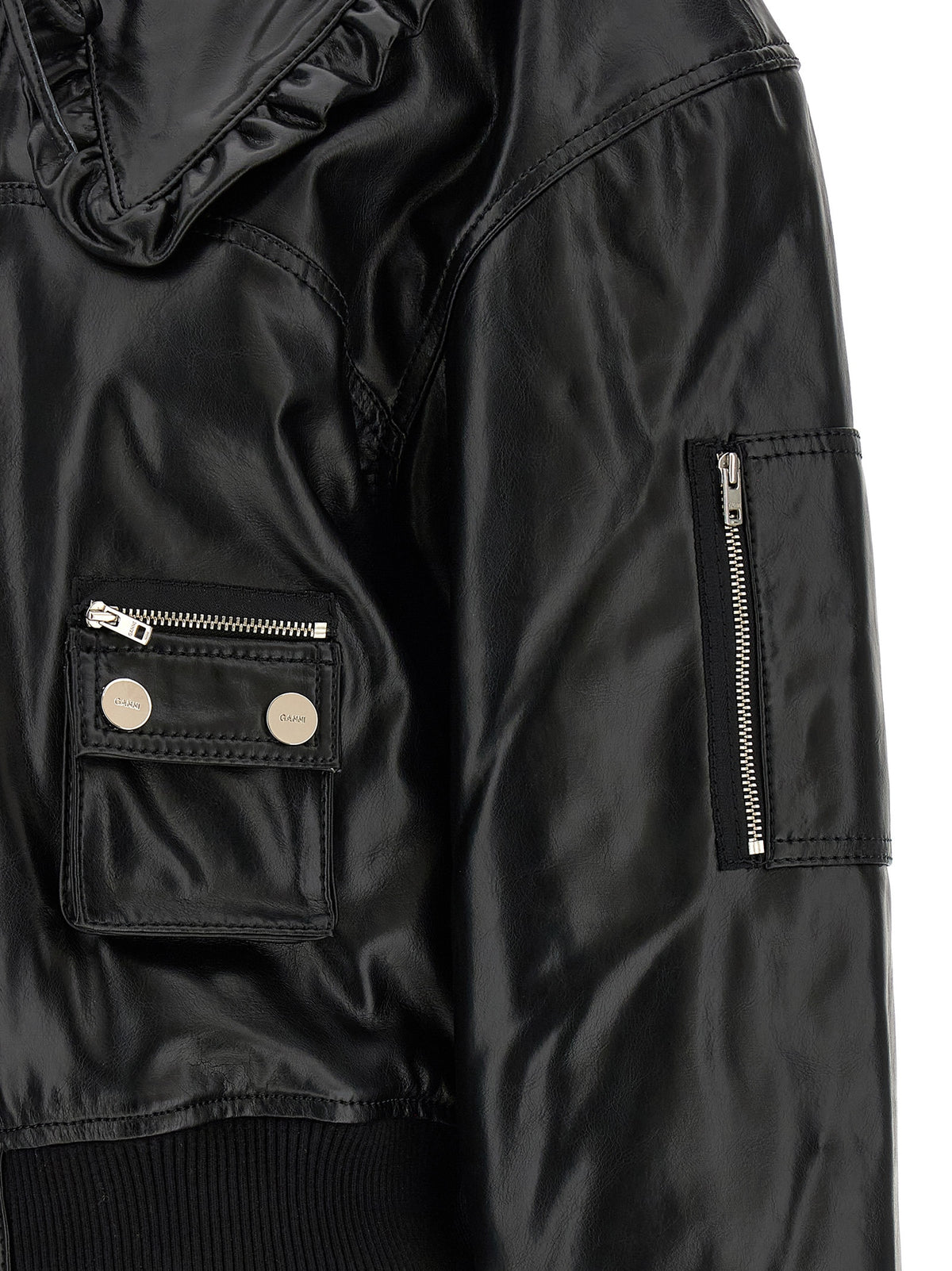 Ganni Black Leather Bomber Jacket - Model 7093 Future
