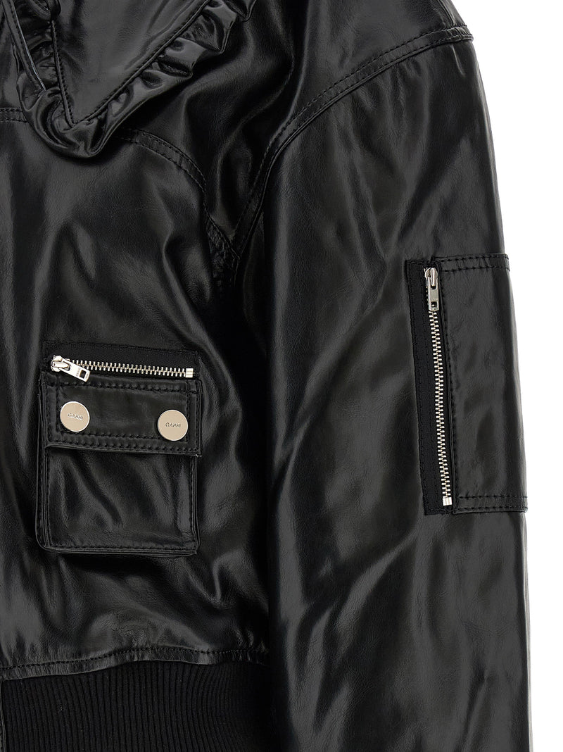 Ganni Black Leather Bomber Jacket - Model 7093 Future
