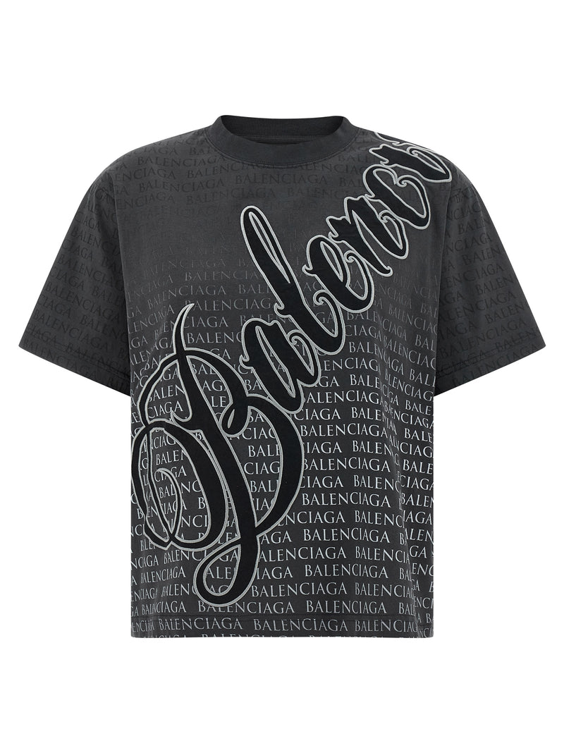 Balenciaga Black Cotton T-Shirt with Gradient Logo