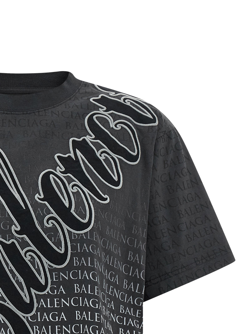 Balenciaga Black Cotton T-Shirt with Gradient Logo