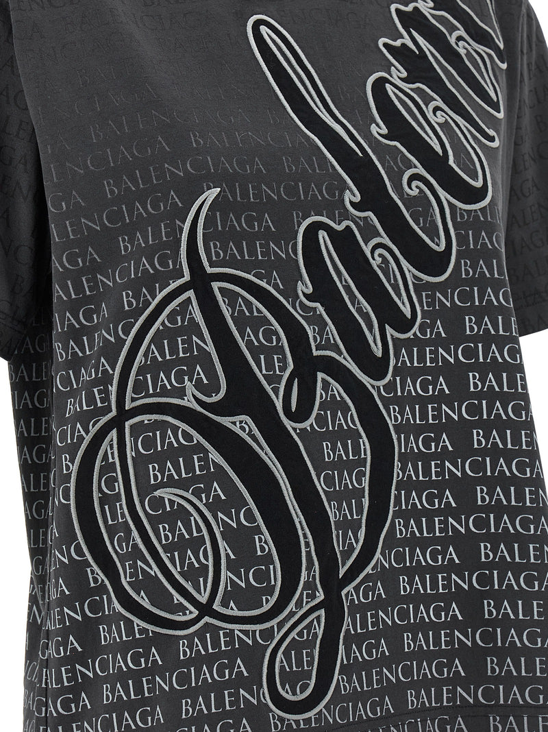 Balenciaga Black Cotton T-Shirt with Gradient Logo