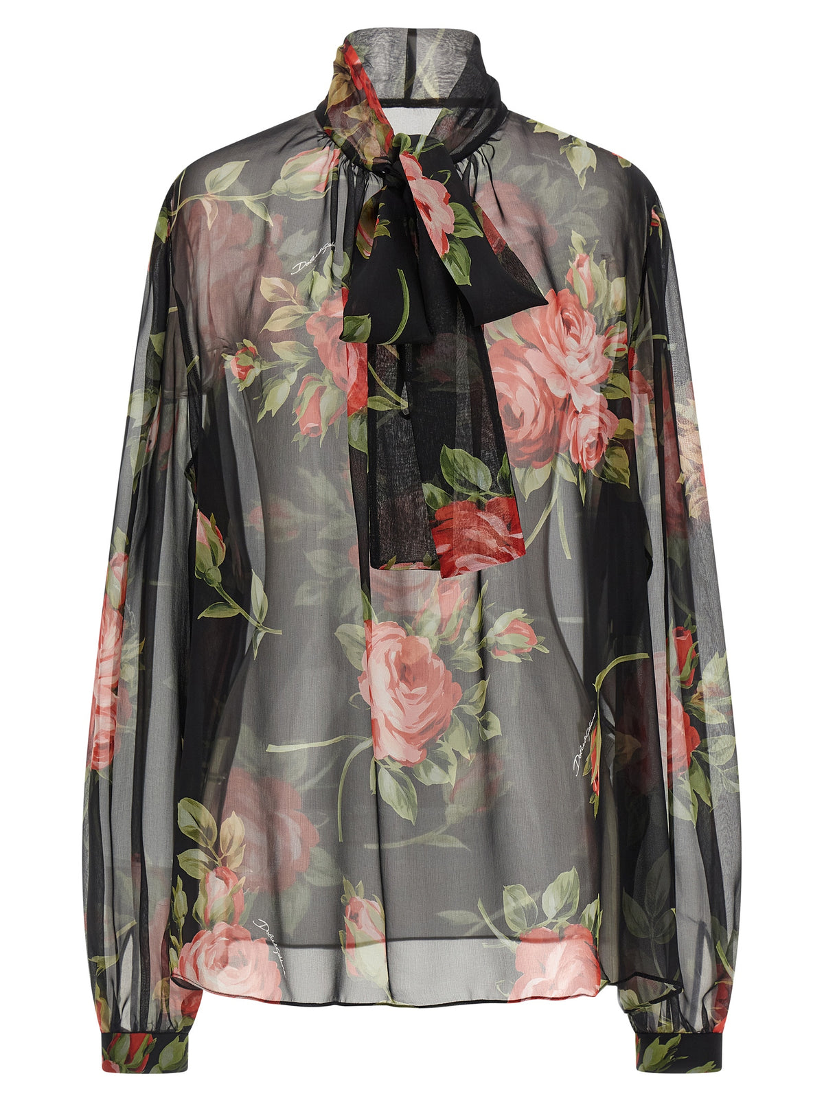 Dolce & Gabbana Black Silk 'Bouquet Rose' Print Shirt