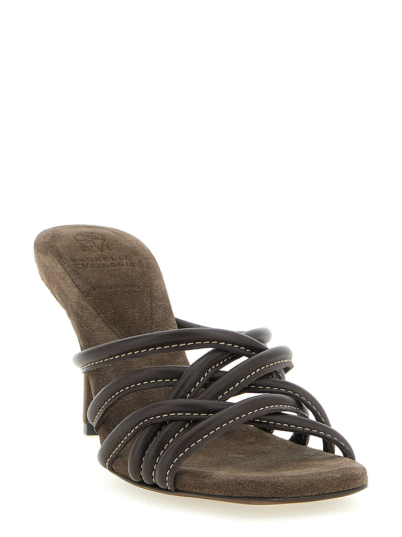 Sandales à talon aiguille en cuir marron Brunello Cucinelli