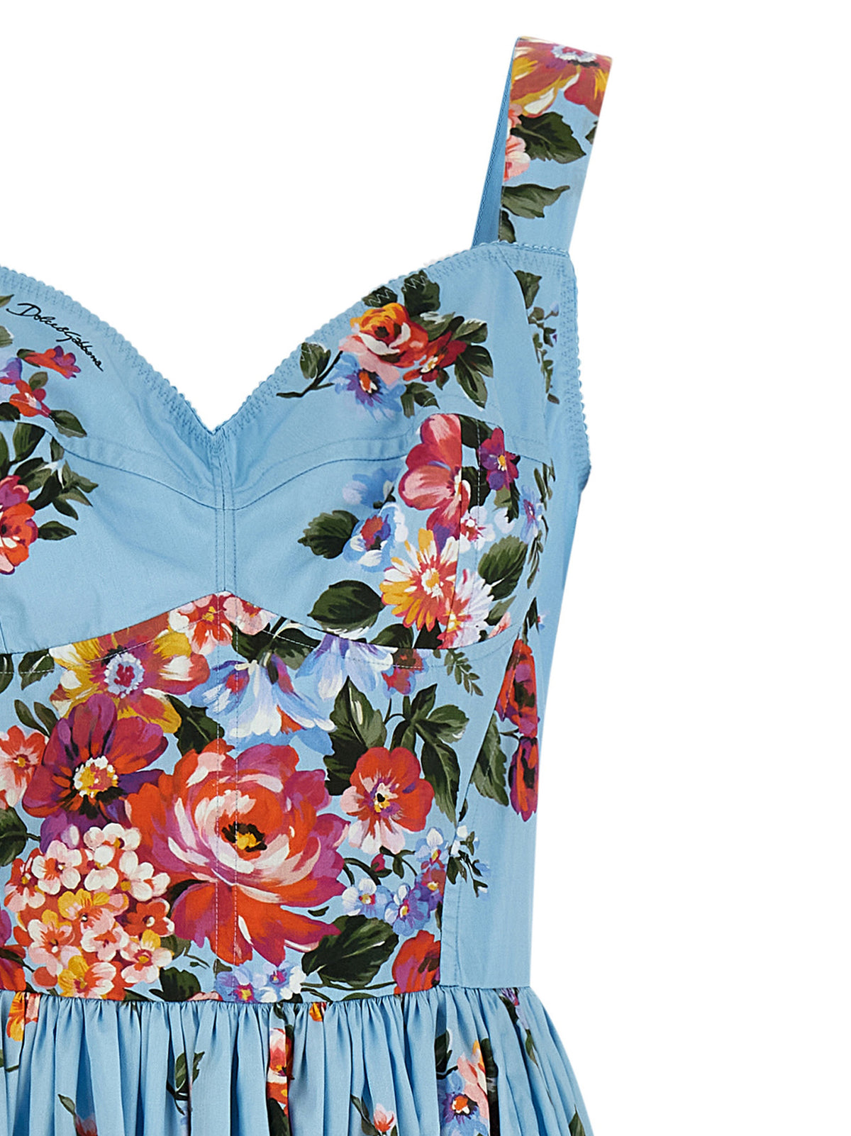 Dolce & Gabbana Blue Cotton Long Dress - Mazzo di Fiori Print