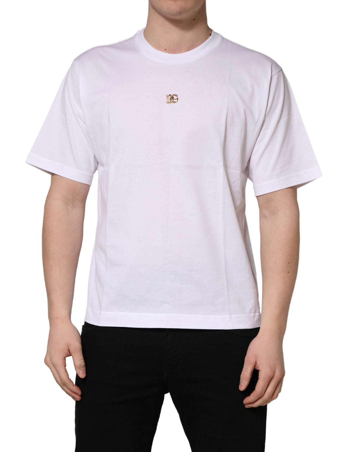 T-shirt à manches courtes en coton Dolce &amp; Gabbana avec logo DG blanc métallisé.