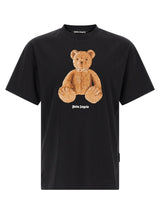 Palm Angels Black Cotton T-Shirt with Bear Print