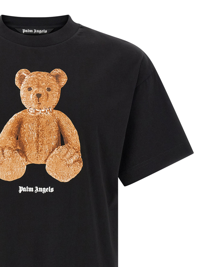 Palm Angels Black Cotton T-Shirt with Bear Print