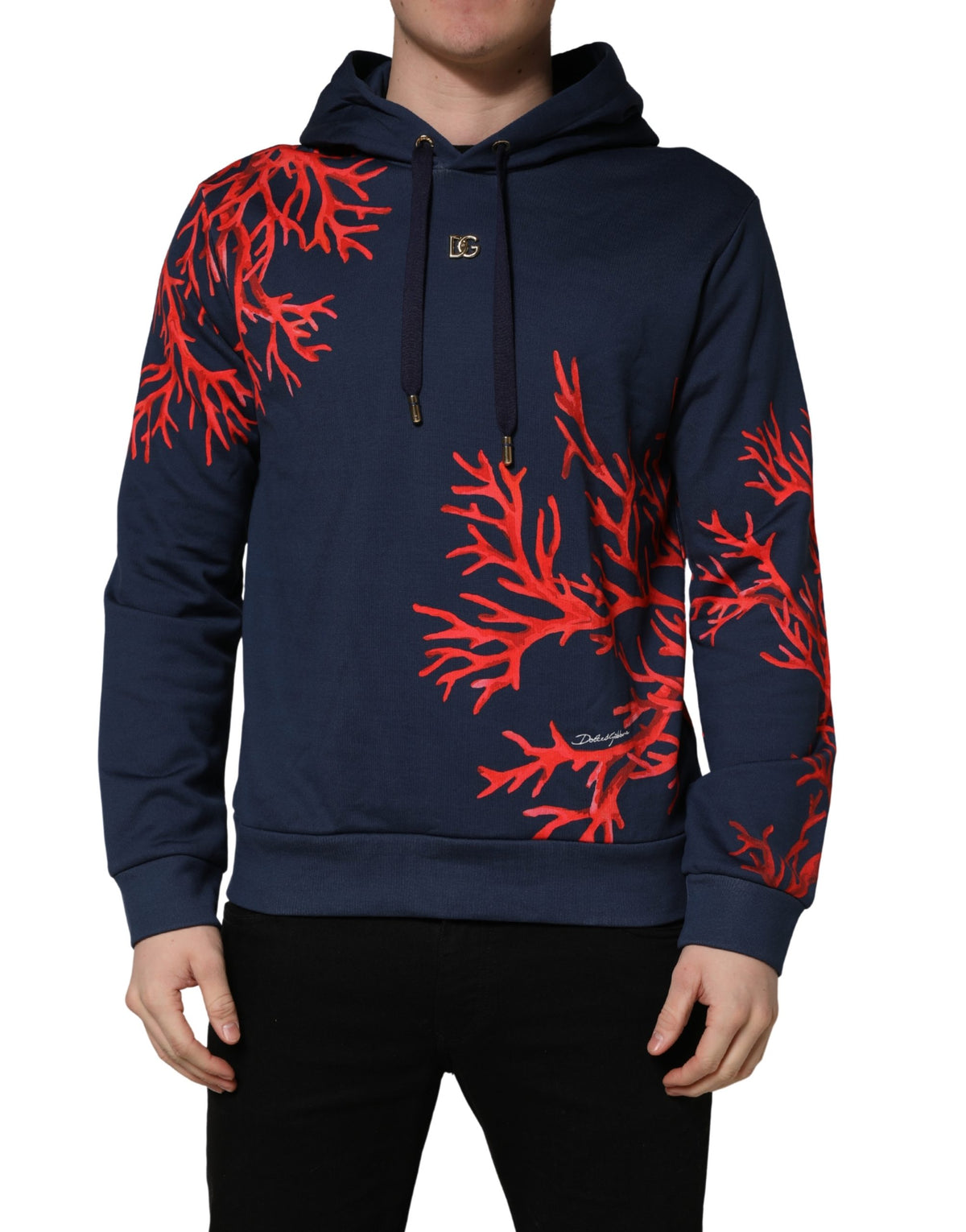 Dolce & Gabbana Blue Cotton Coral Logo Hooded Sweatshirt Sweater