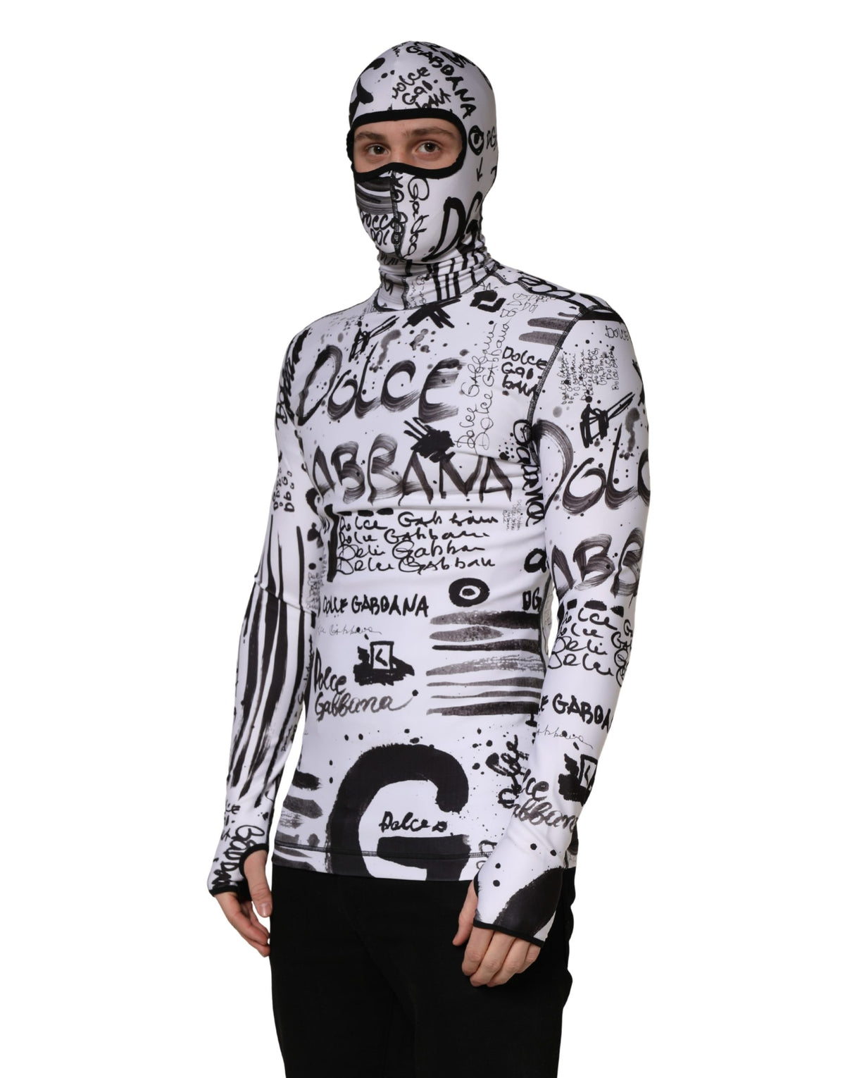 Dolce & Gabbana White Jersey Graffiti Print Balaclava Hood Sweater