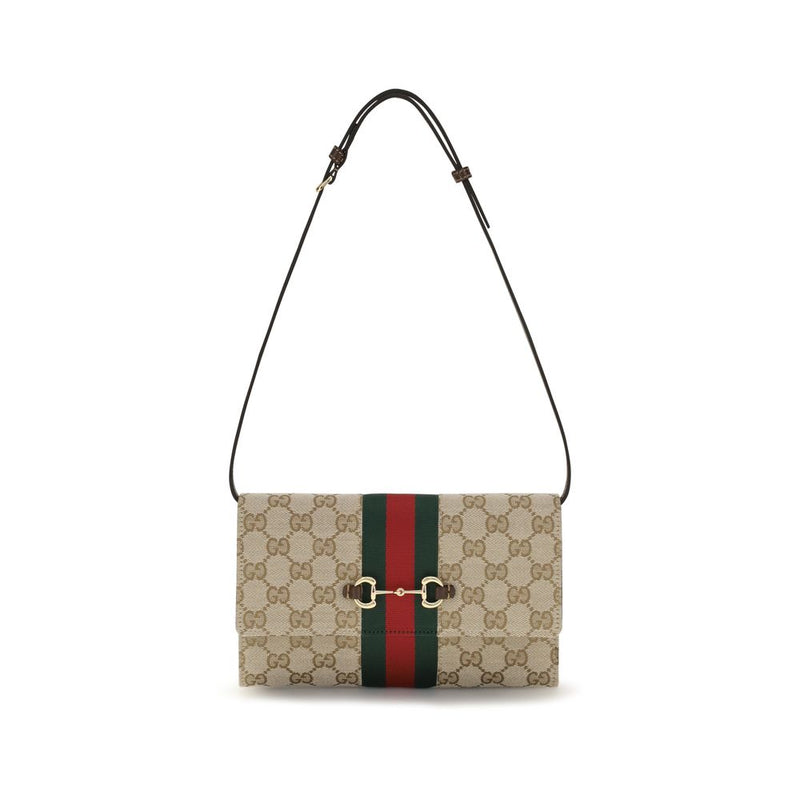 Gucci Horsebit Web Brown Fabric Wallet with Shoulder Strap