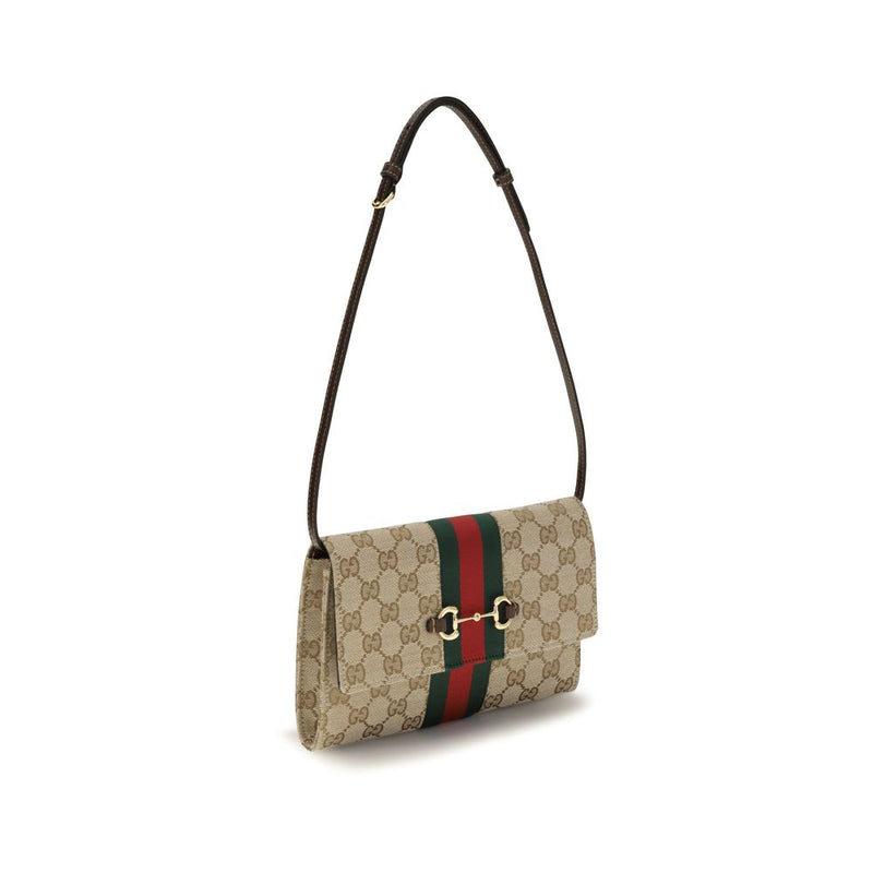 Gucci Horsebit Web Brown Fabric Wallet with Shoulder Strap