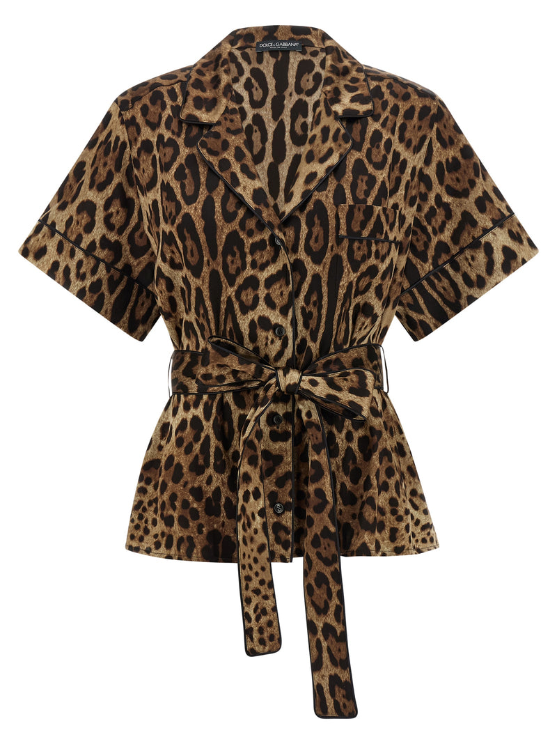 Dolce & Gabbana Brown Silk Blouse with Leopard Print