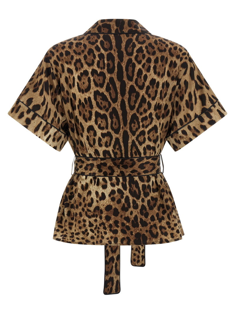 Dolce & Gabbana Brown Silk Blouse with Leopard Print