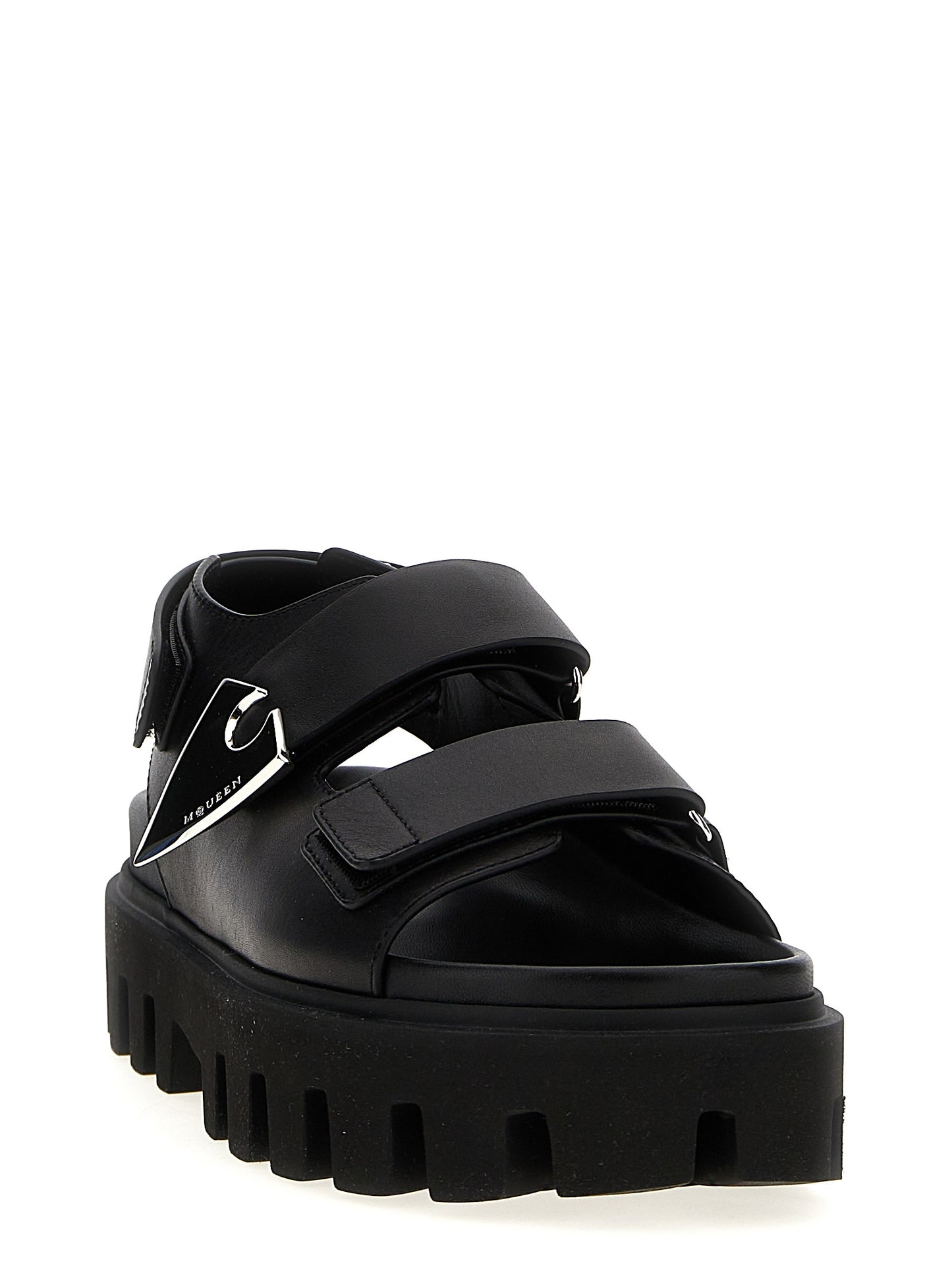 Alexander McQueen Black Calf Leather Bos Taurus Flat Sandals
