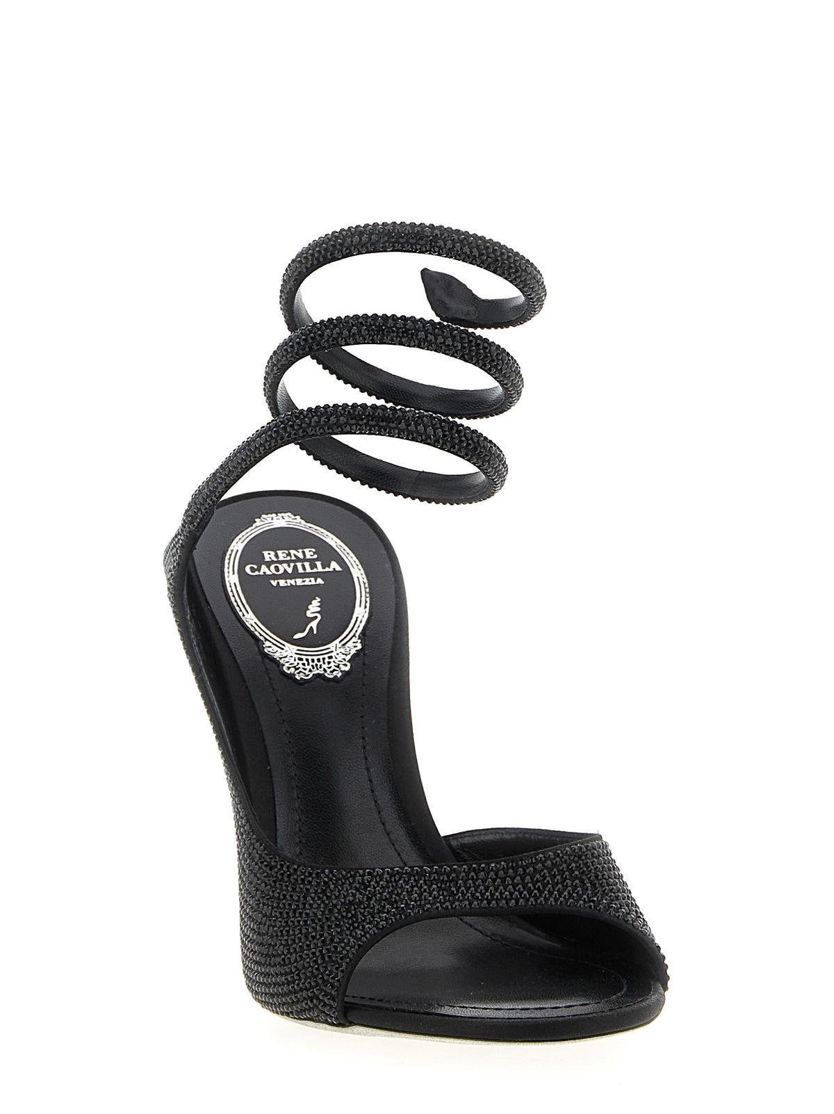 RENE CAOVILLA Black Satin Stiletto Heel Sandals