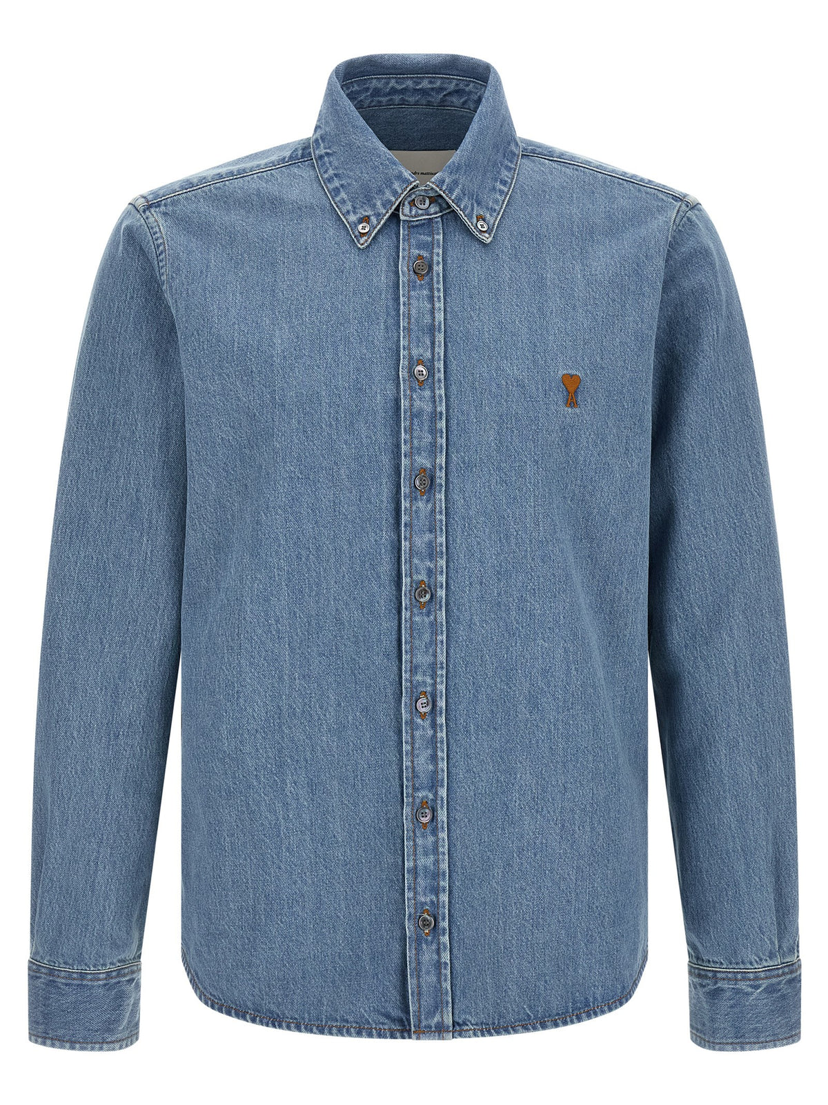 Ami Paris Blue Cotton Blouse with Iconic Embroidery