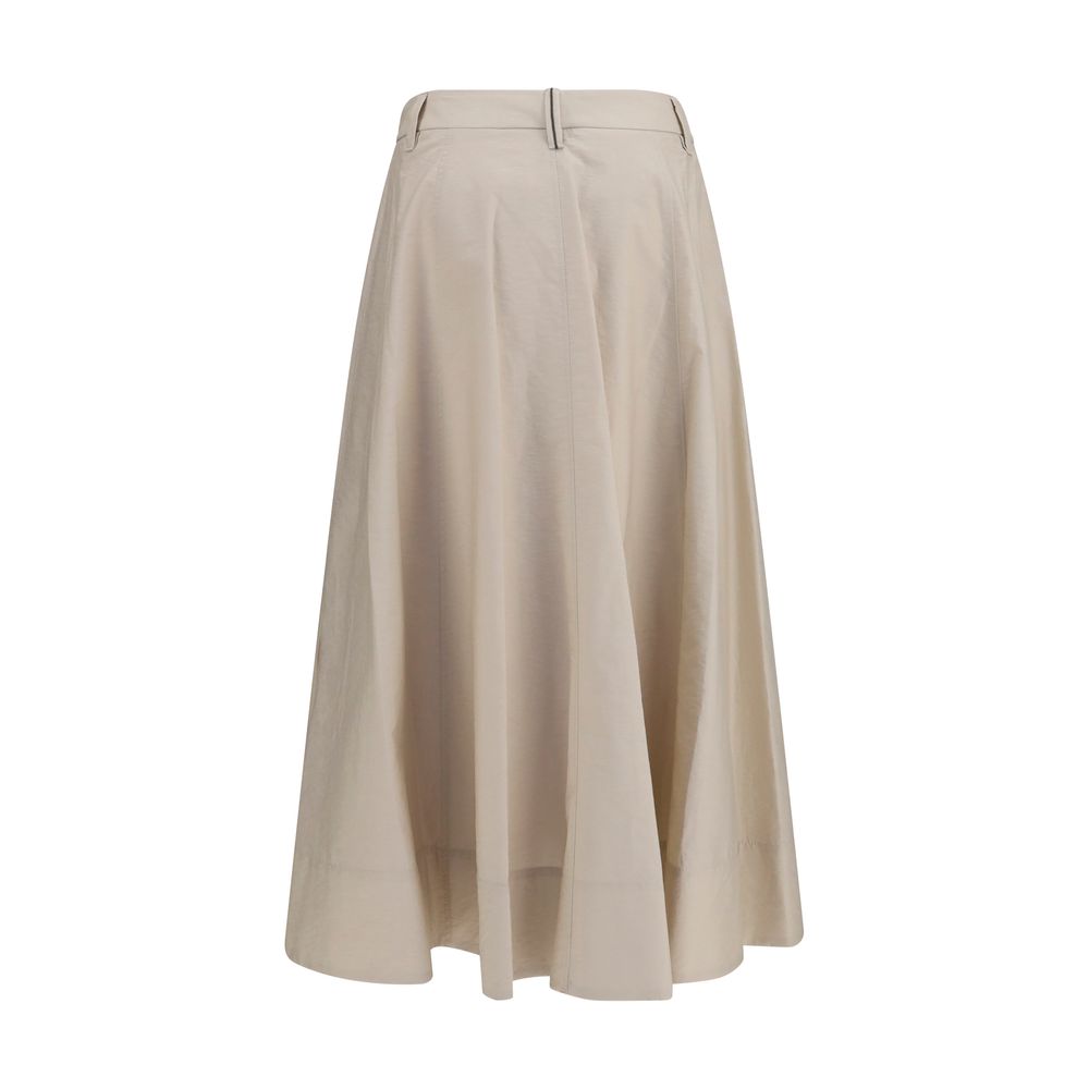 Brunello Cucinelli Beige Cotton Midi Skirt with Monili Detail
