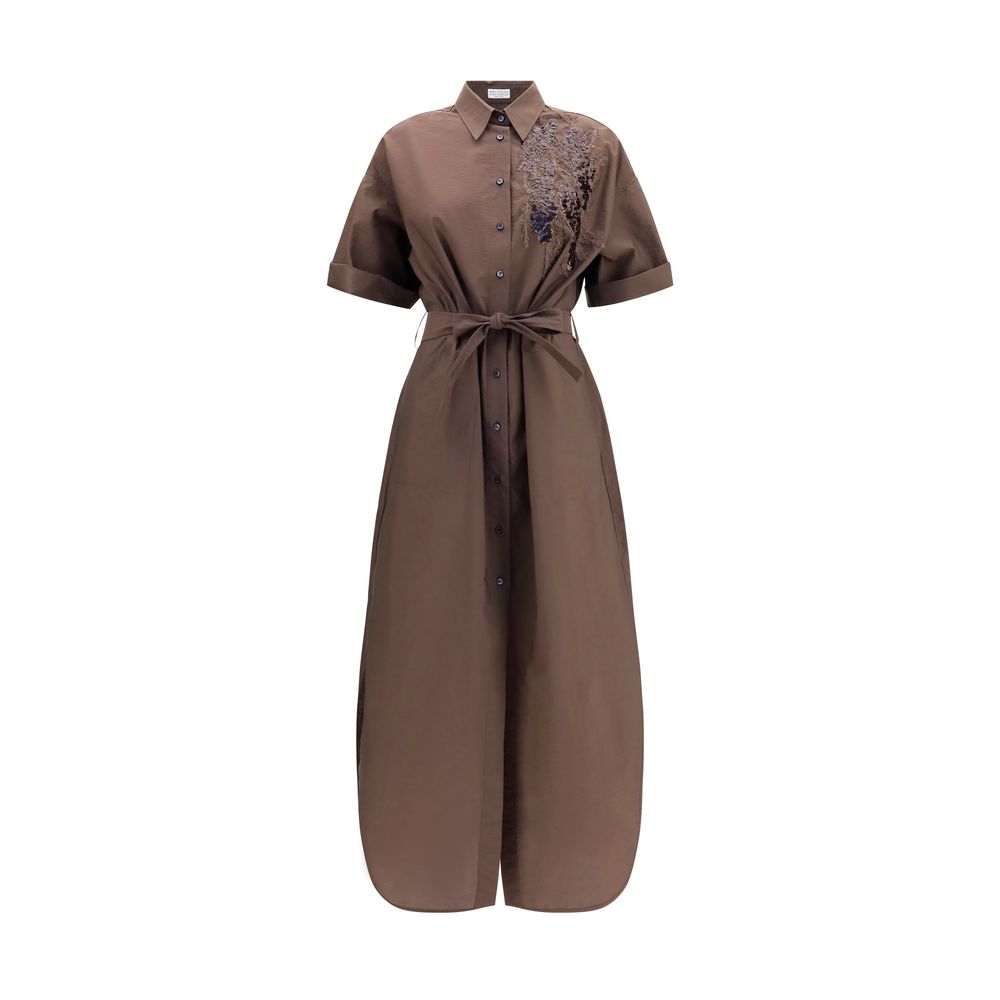 Brunello Cucinelli Brown Cotton Casual Dress with Sequined Detail