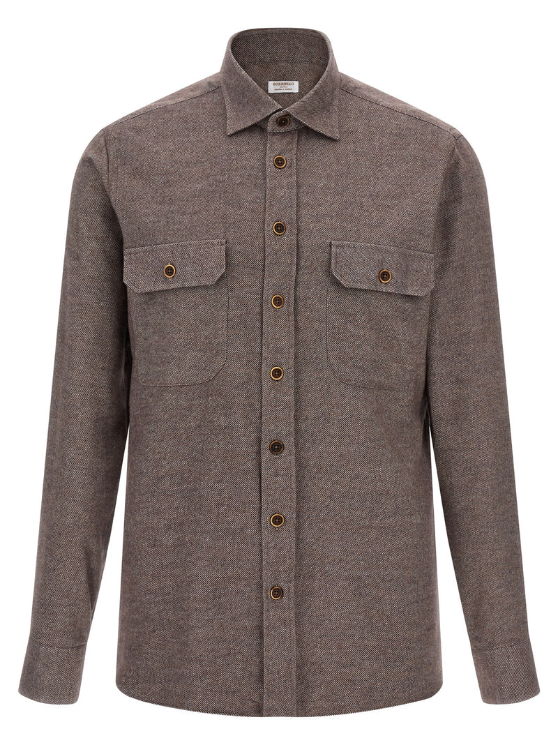 BORRIELLO Brown Cotton Blouse - Micro Striped Mélange Flannel