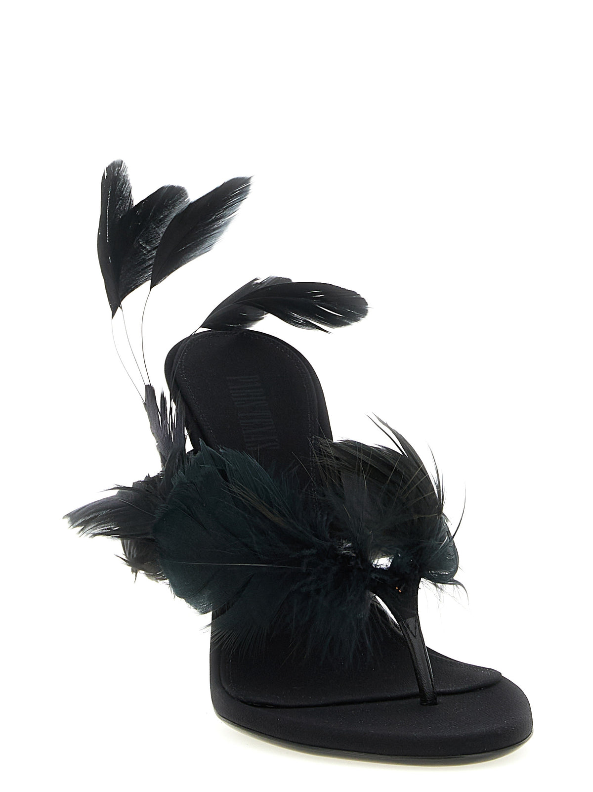 Paris Texas Lidia Feather Thong Black Silk Stiletto Heel Sandals