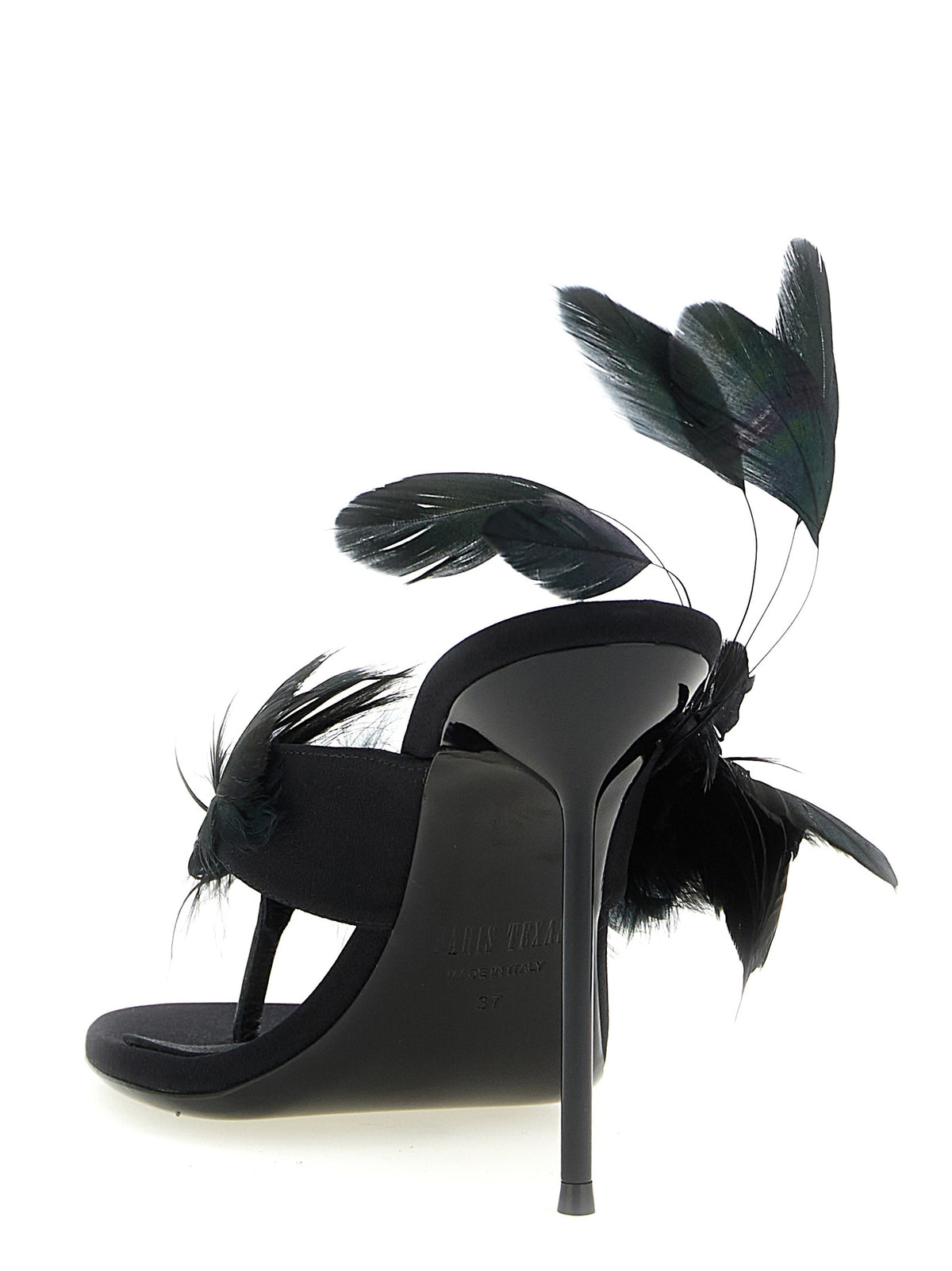 Paris Texas Lidia Feather Thong Black Silk Stiletto Heel Sandals
