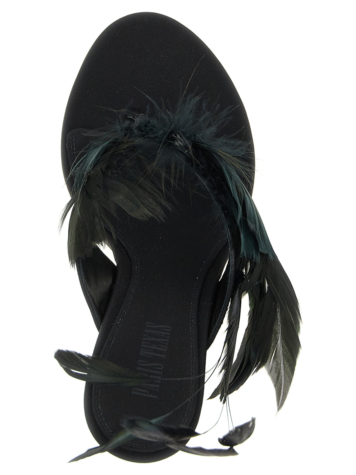 Paris Texas Lidia Feather Thong Black Silk Stiletto Heel Sandals