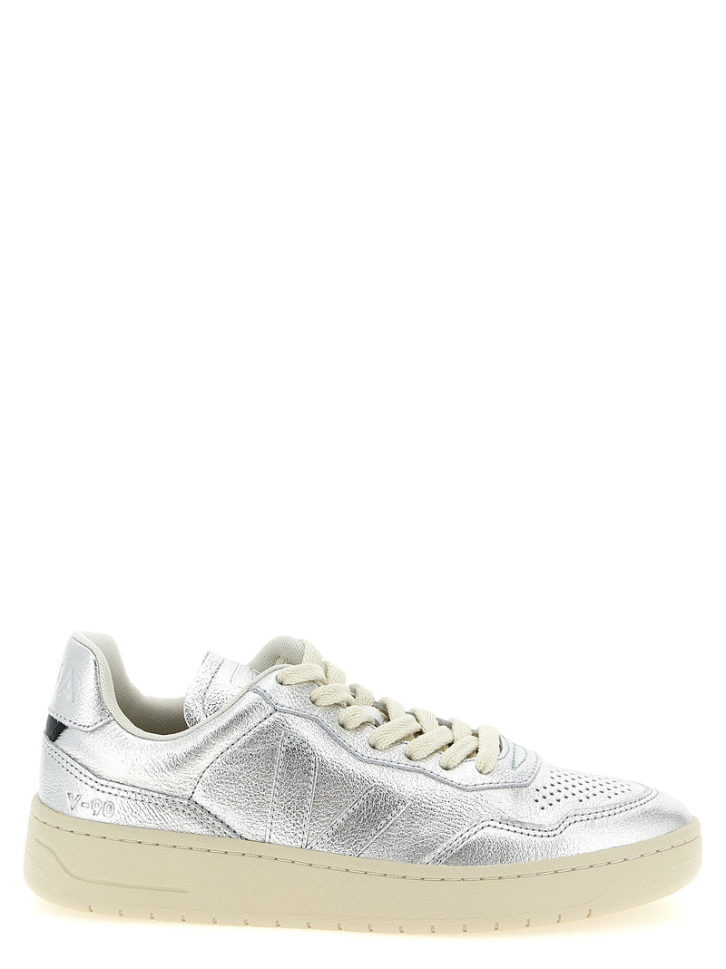 Veja V-90 Silver Genuine Leather Low Top Sneakers for Women