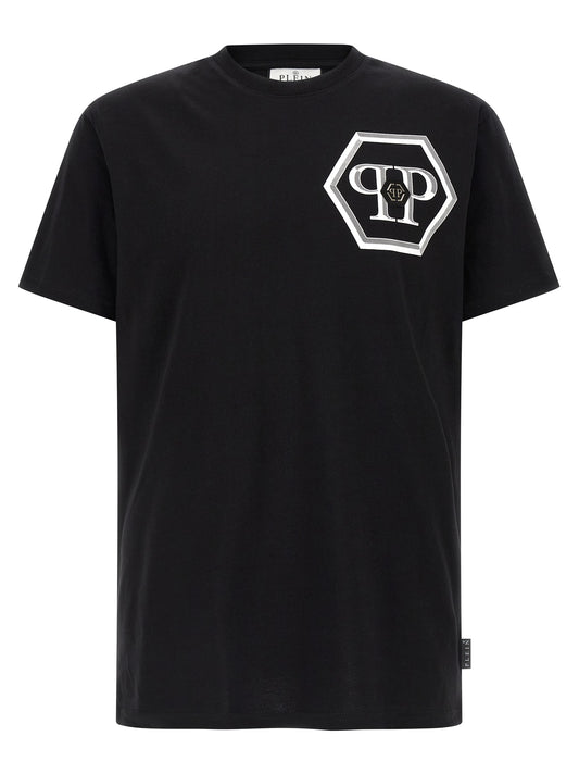 Philipp Plein Black Cotton T-Shirt with Hexagon Print