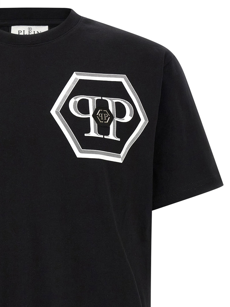 Philipp Plein Black Cotton T-Shirt with Hexagon Print