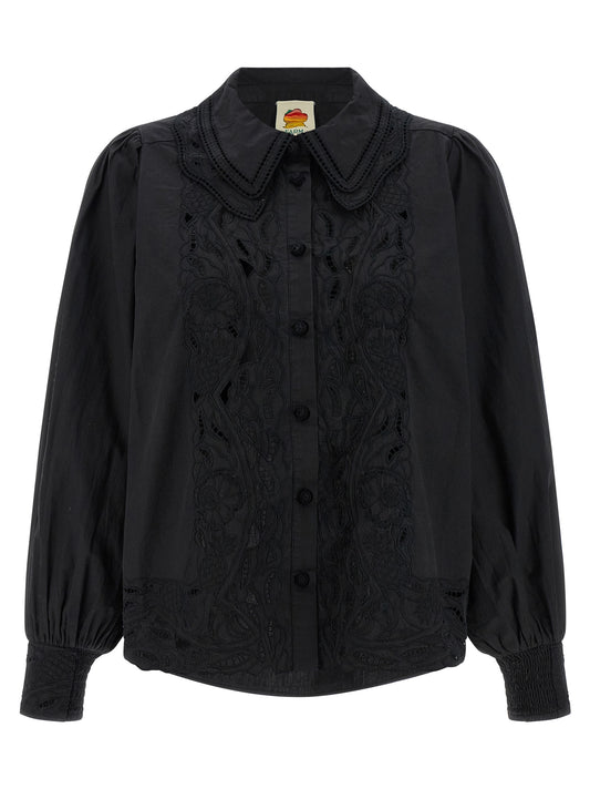 FARM RIO Black Cotton Blouse with Embroidered Details