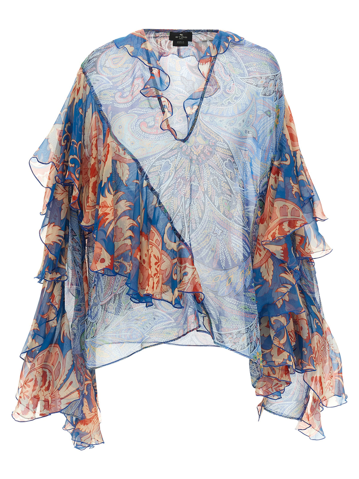 Etro Blue Silk Blouse with Floral Print and Ruffles