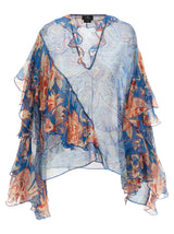 Etro Blue Silk Blouse with Floral Print and Ruffles